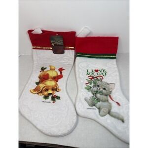Vintage 2 Morehead Kitty & Puppy Felt Christmas Stockings‎